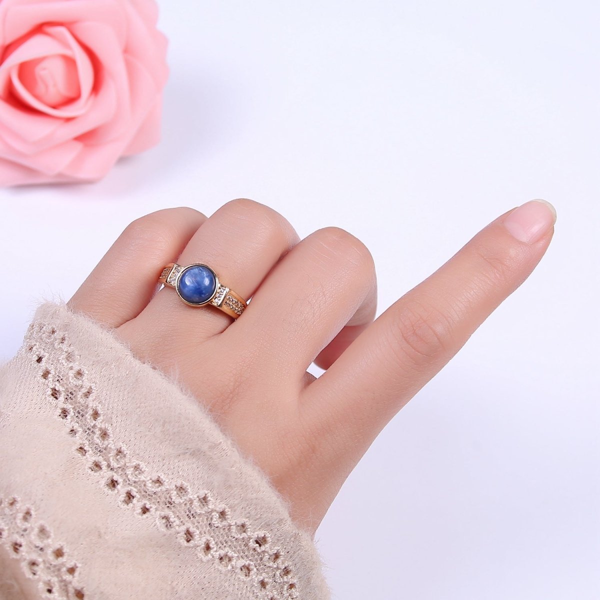 Gold Blue Tiger Eye Rings | Oval Gemstone Signet Ring | Gold Gem Stone Rings | Chunky Gold Statement Ring U-372 - DLUXCA