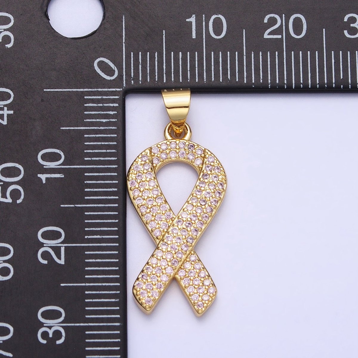 Gold Breast Cancer Awareness Ribbon Clear, Pink Micro Paved CZ Pendant | AA163 AA164