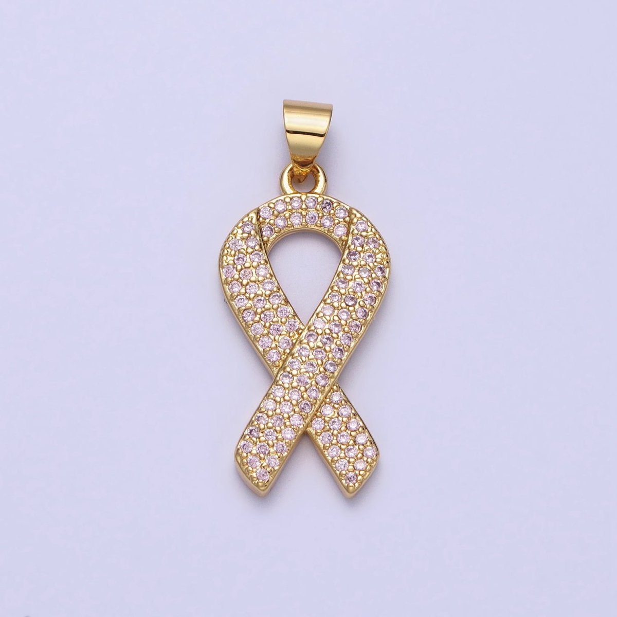 Gold Breast Cancer Awareness Ribbon Clear, Pink Micro Paved CZ Pendant | AA163 AA164
