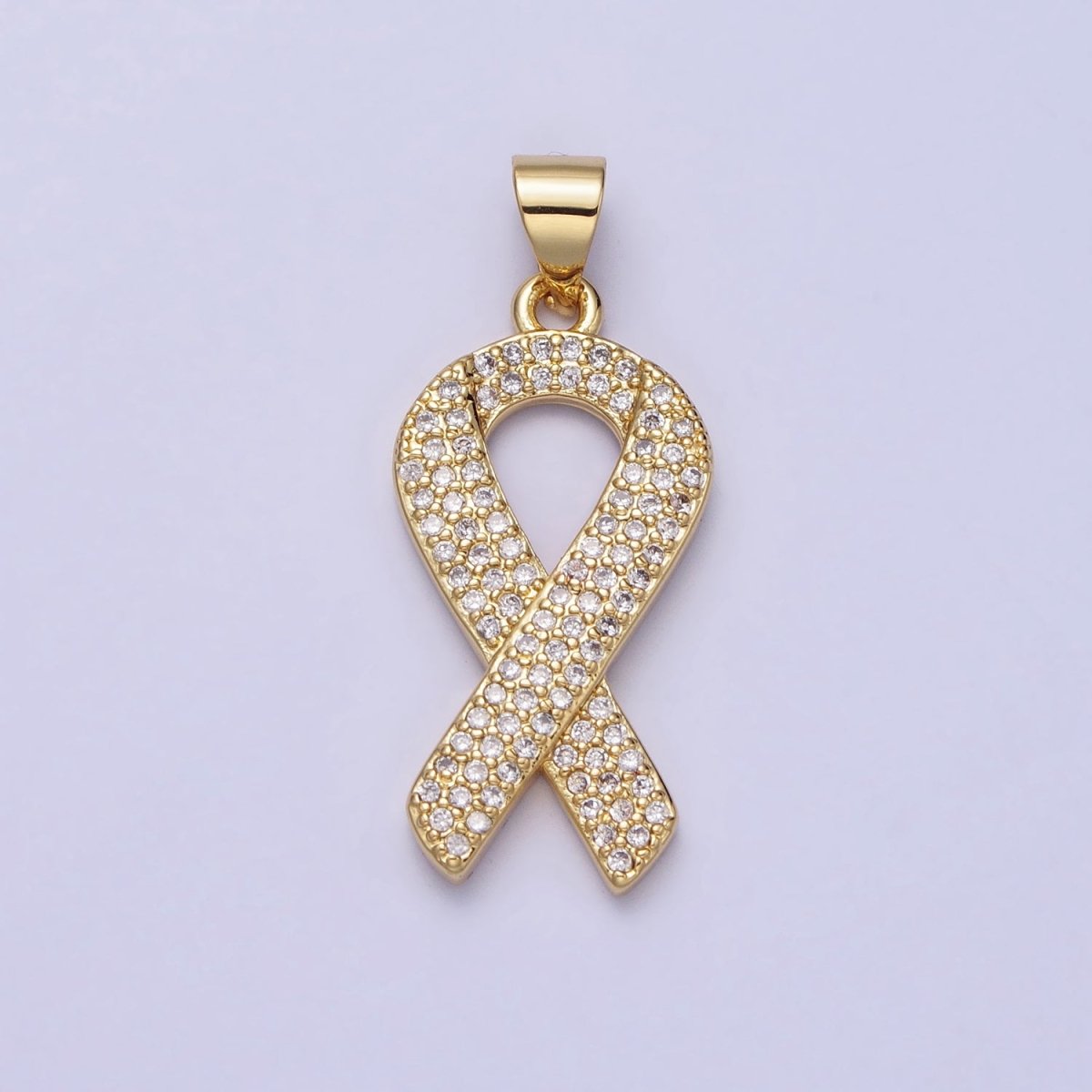 Gold Breast Cancer Awareness Ribbon Clear, Pink Micro Paved CZ Pendant | AA163 AA164