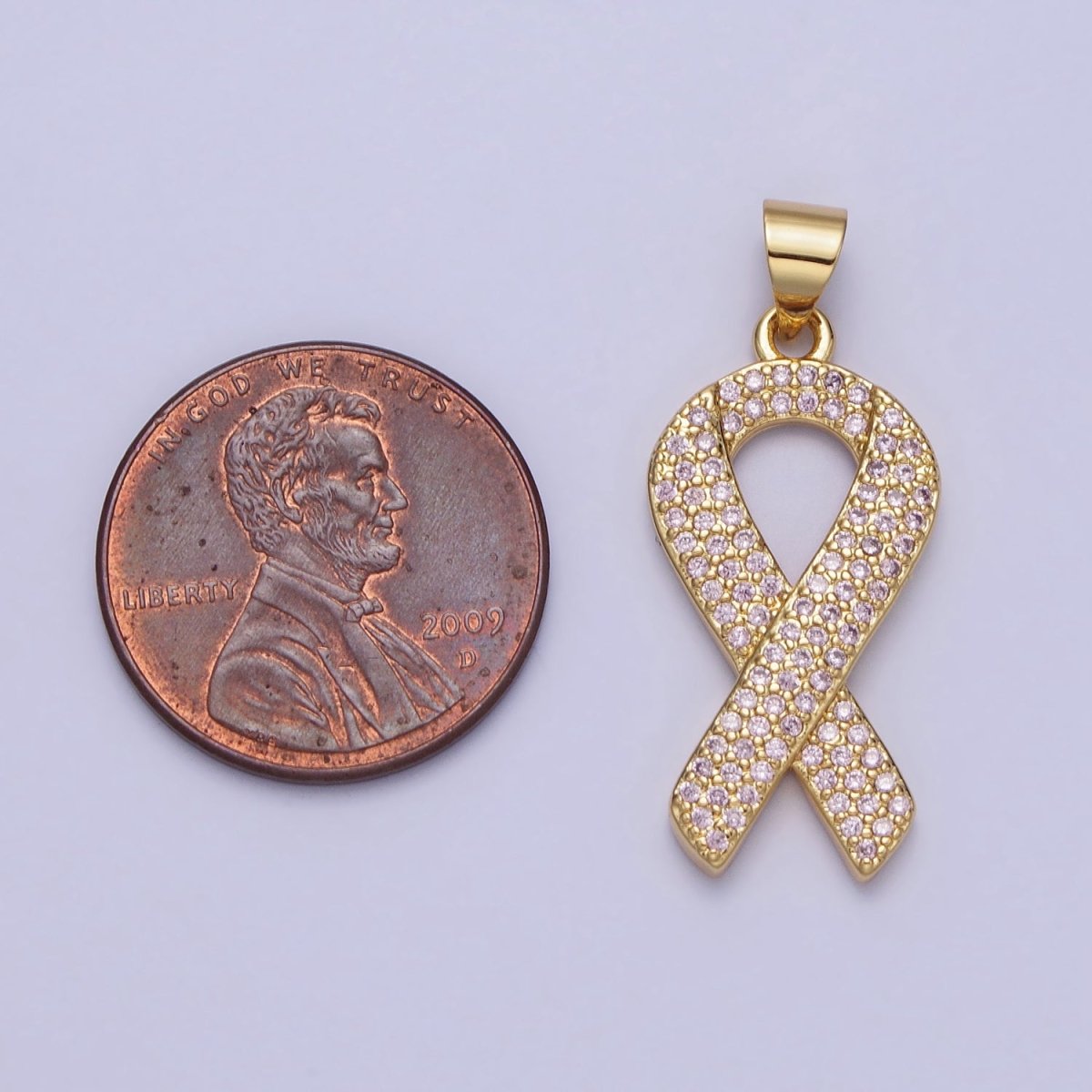 Gold Breast Cancer Awareness Ribbon Clear, Pink Micro Paved CZ Pendant | AA163 AA164