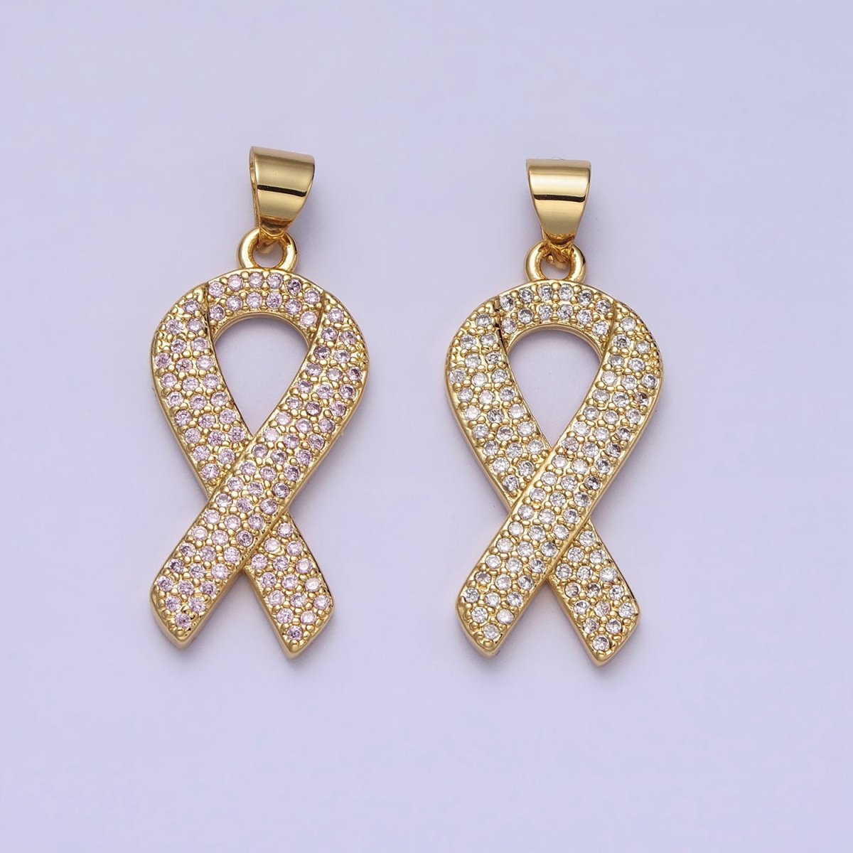 Gold Breast Cancer Awareness Ribbon Clear, Pink Micro Paved CZ Pendant | AA163 AA164