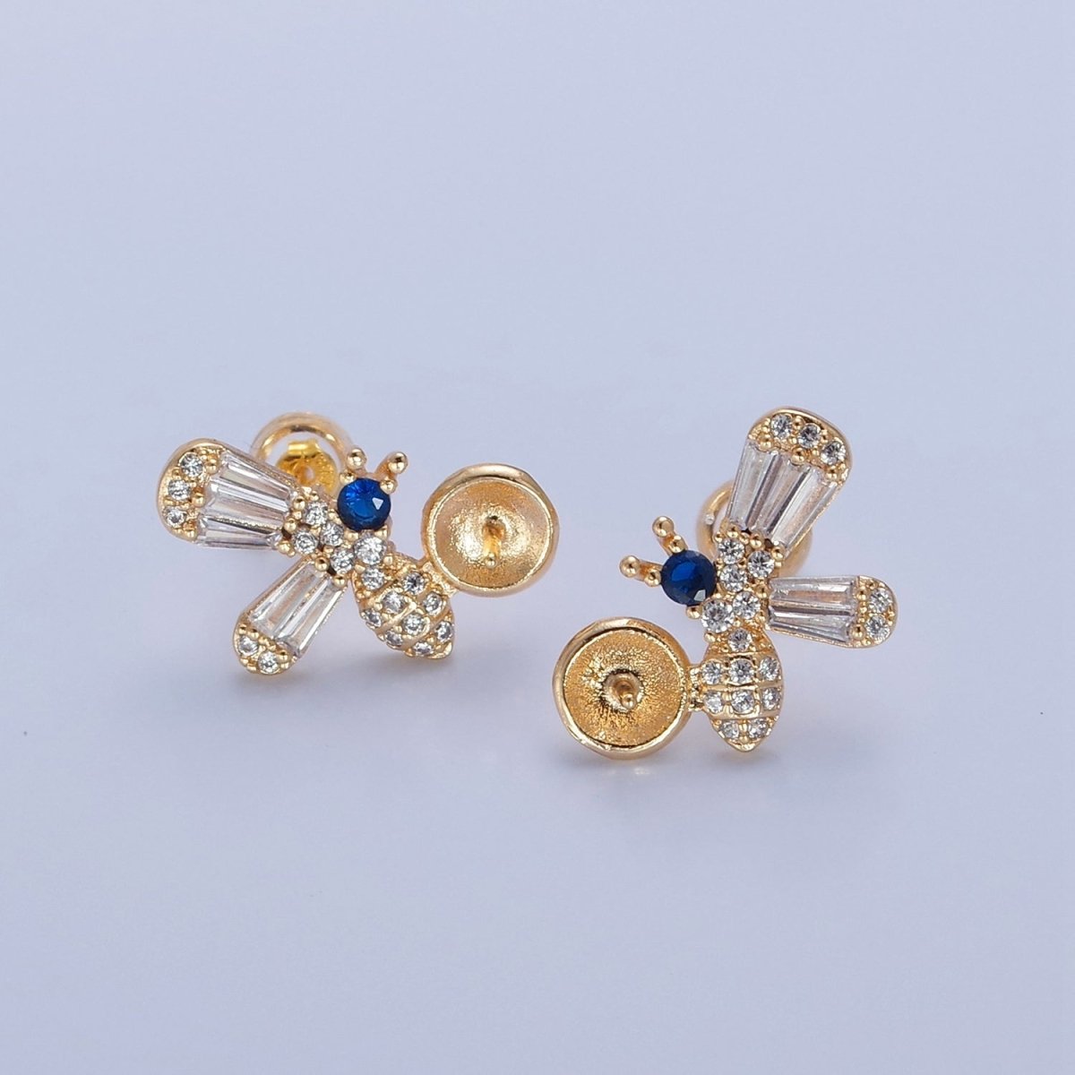 Gold Bumble Bee Studs, Animal Earrings, CZ Pearl Earrings Making Component L-771 - DLUXCA