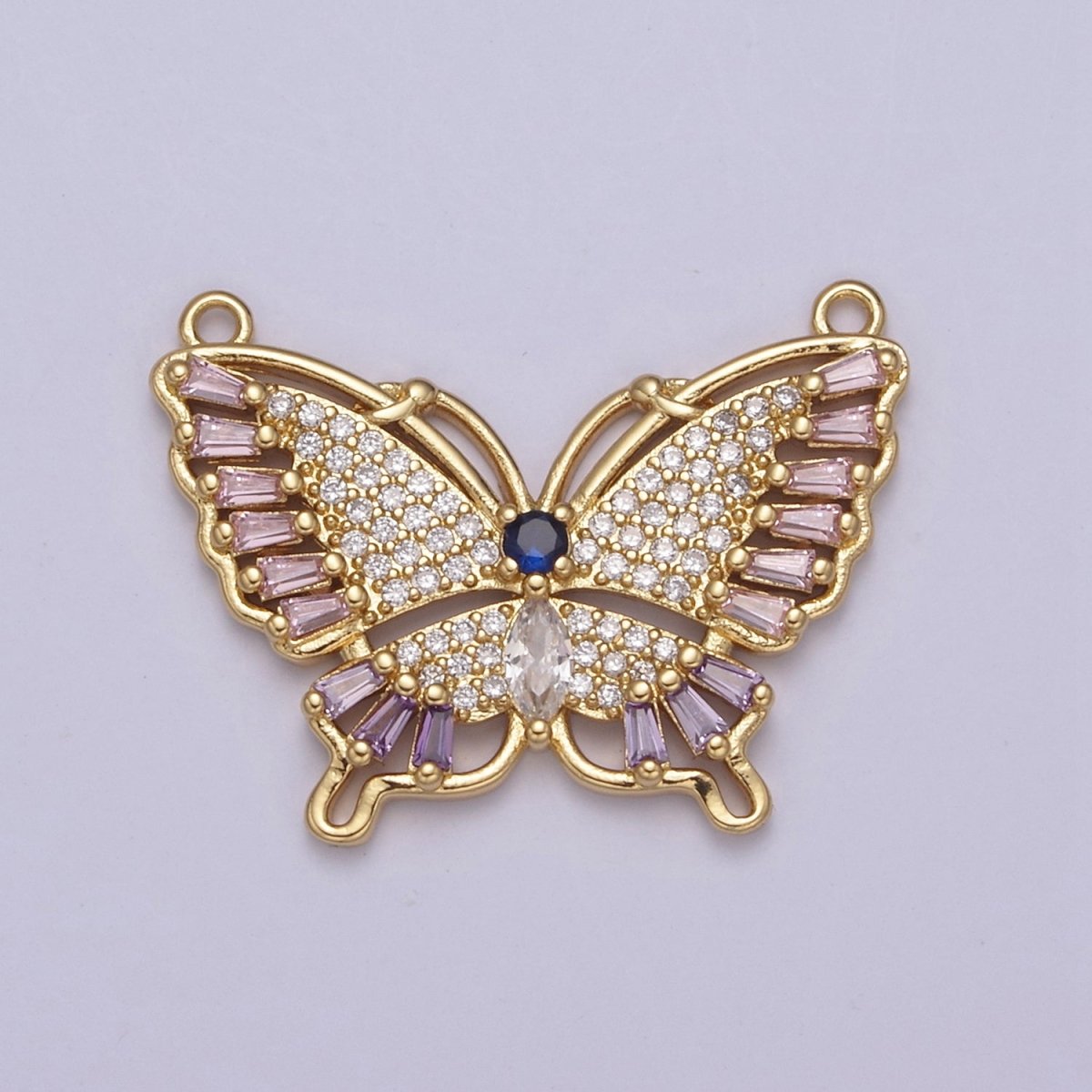 Gold Butterfly Cubic Zirconia Pavé with 2 Loops Cubic Clear CZ Gold Mariposa Charm Connector N-134 - DLUXCA