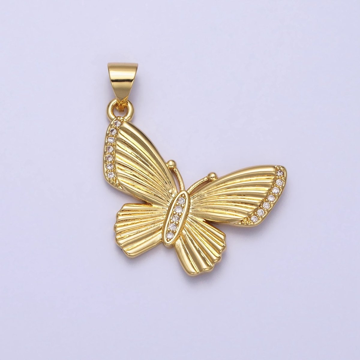 Gold Butterfly Mariposa Textured Sunburst Clear Micro Paved CZ Pendant | AA156 - DLUXCA