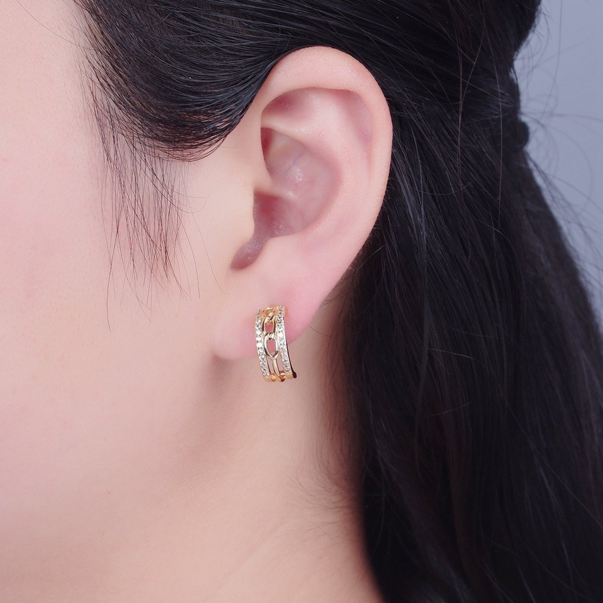 Gold Cable Link Hoop Earring with Cz Stone T-469 - DLUXCA