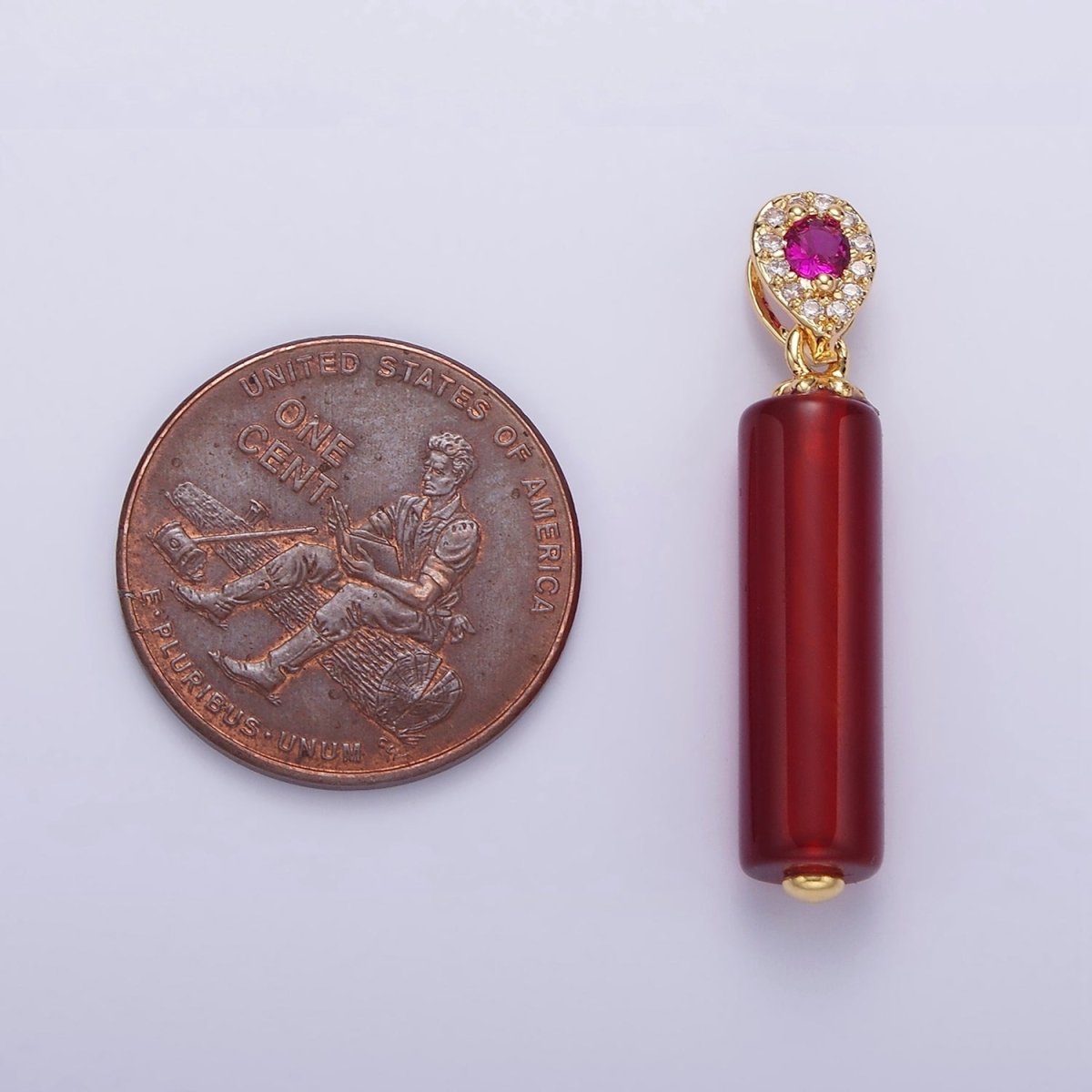 Gold Carnelian Tube Stone Charm Pendant with Pink CZ Stone For Jewelry Making Supplies N-1291 - DLUXCA