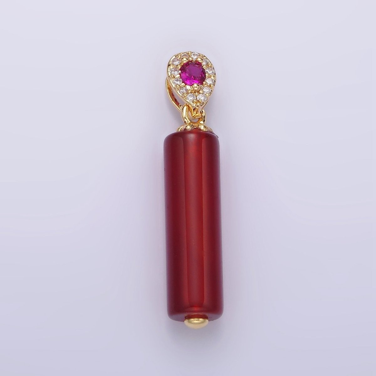 Gold Carnelian Tube Stone Charm Pendant with Pink CZ Stone For Jewelry Making Supplies N-1291 - DLUXCA