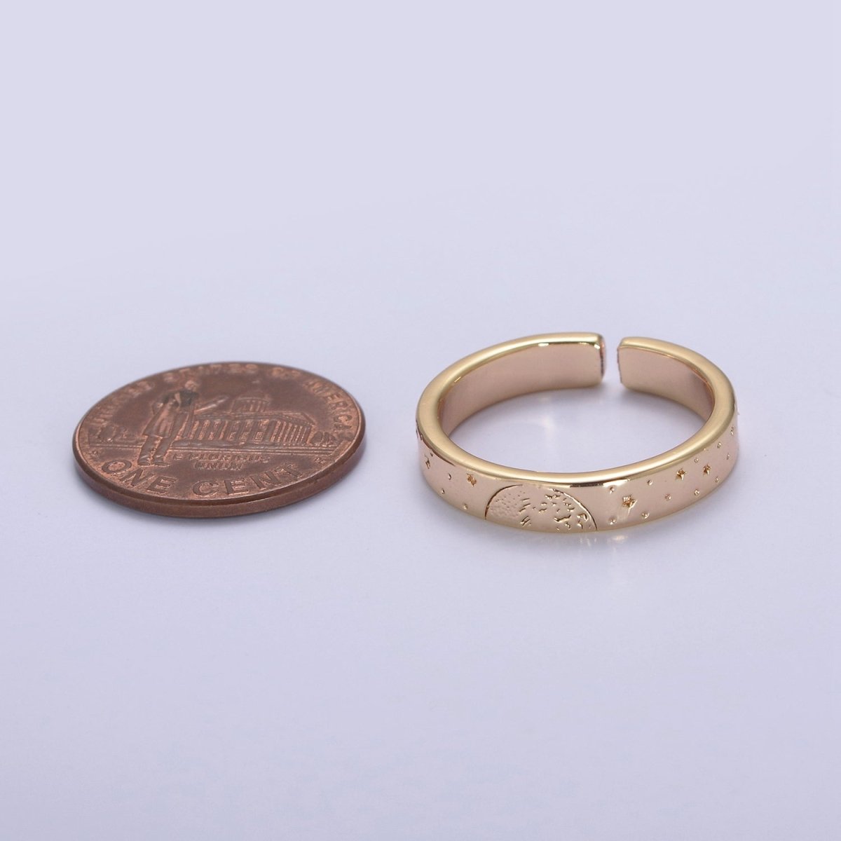 Gold Celestial Astronomy RING SET, Engraved Sun & Moon & Stars Gold Band Rings, 16K Gold Filled Adjustable Rings U-442 - DLUXCA