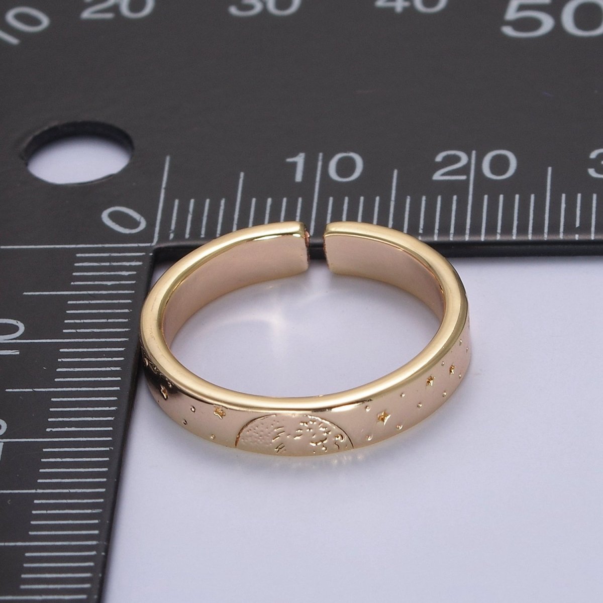 Gold Celestial Astronomy RING SET, Engraved Sun & Moon & Stars Gold Band Rings, 16K Gold Filled Adjustable Rings U-442 - DLUXCA