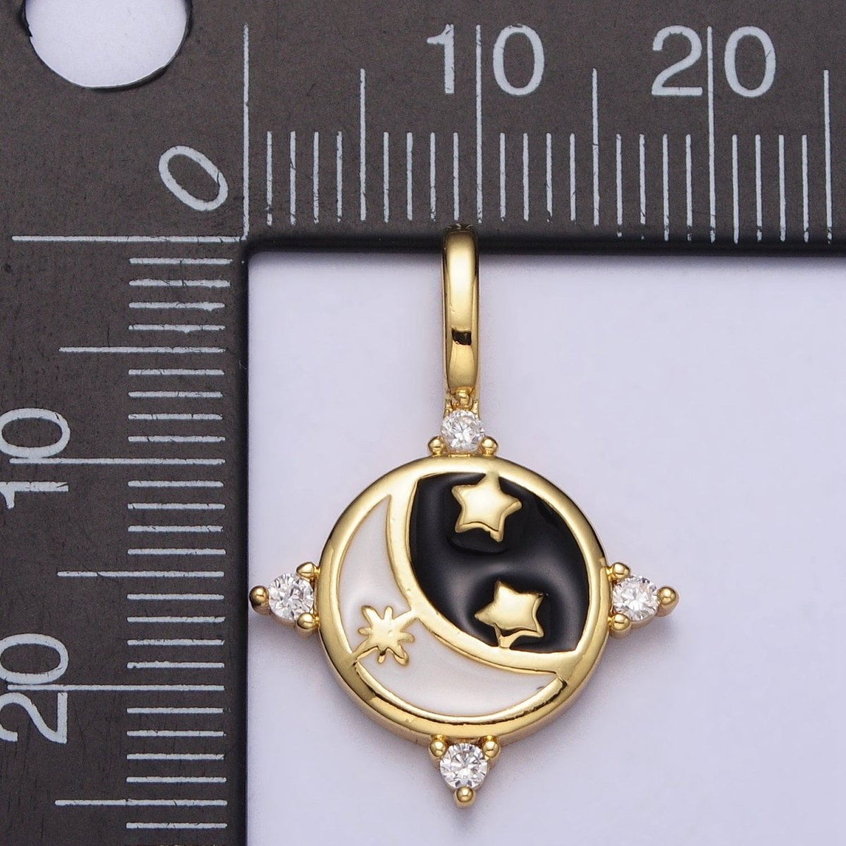 Gold Celestial Crescent Moon Stars Black & White Enamel CZ Round Pendant | AA395 - DLUXCA