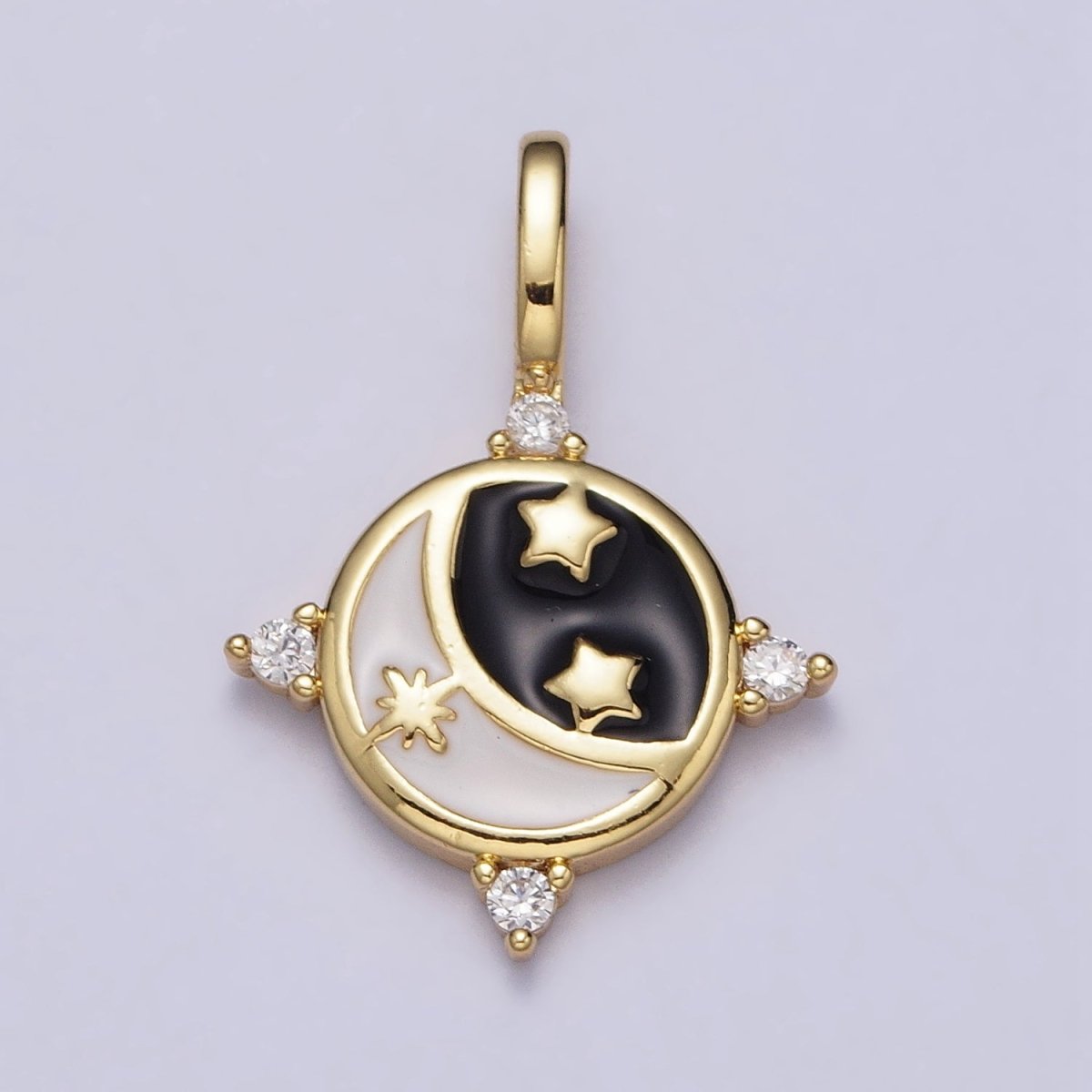 Gold Celestial Crescent Moon Stars Black & White Enamel CZ Round Pendant | AA395 - DLUXCA