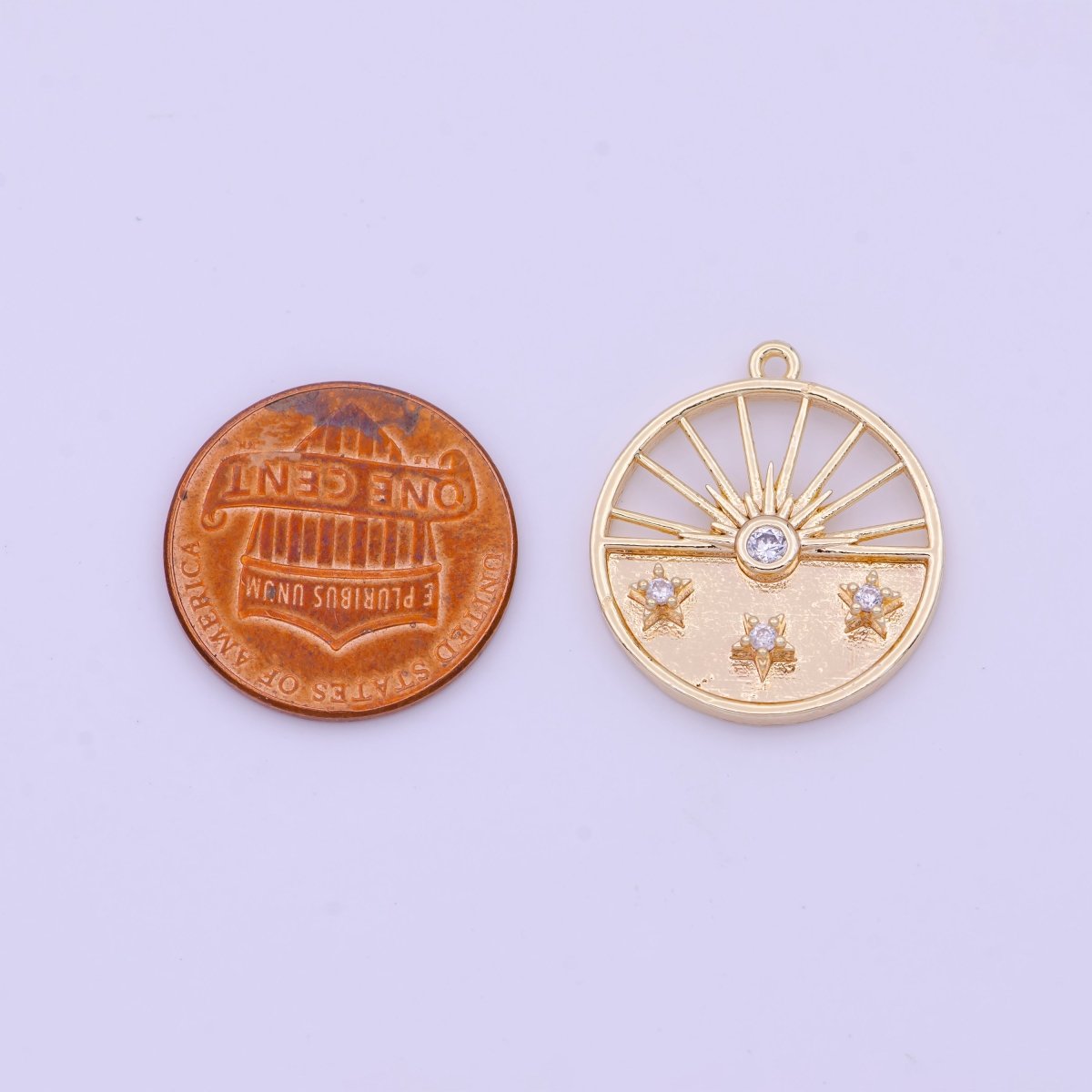 Gold Celestial Rising Sun Clear CZ Stars Round Charm | D-392