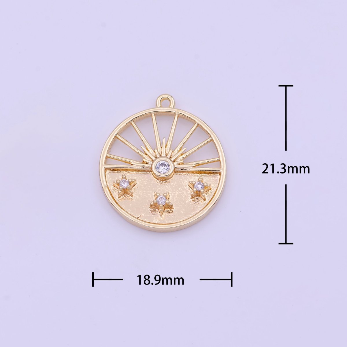 Gold Celestial Rising Sun Clear CZ Stars Round Charm | D-392