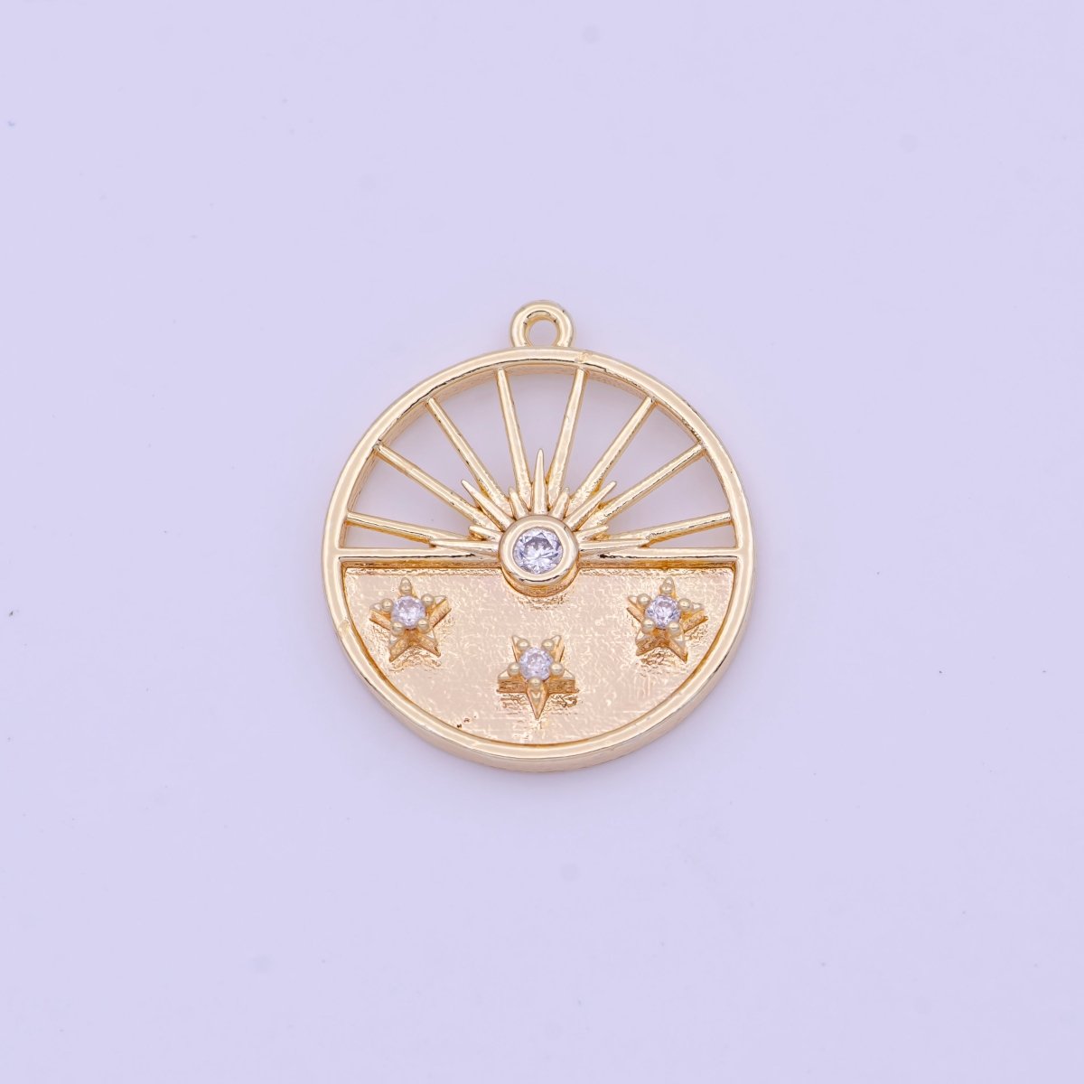 Gold Celestial Rising Sun Clear CZ Stars Round Charm | D-392