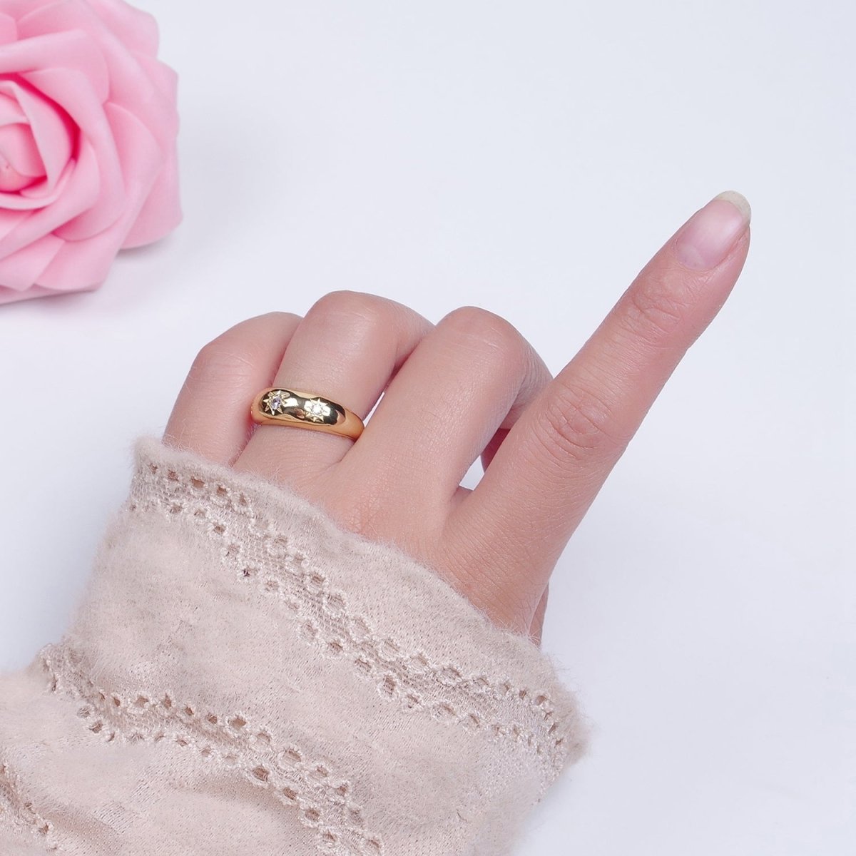 Gold Celestial Round Green Clear Cubic Zirconia Stars Adjustable Ring | U-101 U-107