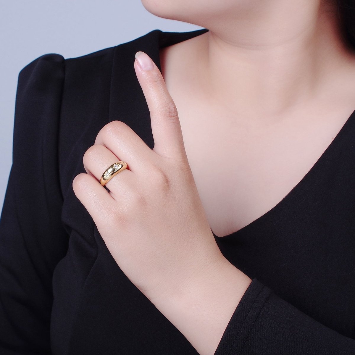 Gold Celestial Round Green Clear Cubic Zirconia Stars Adjustable Ring | U-101 U-107