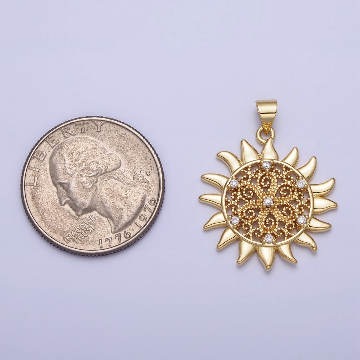 Gold Celestial Shinning Sun Filigree Beaded Clear CZ Pendant | AA157 - DLUXCA