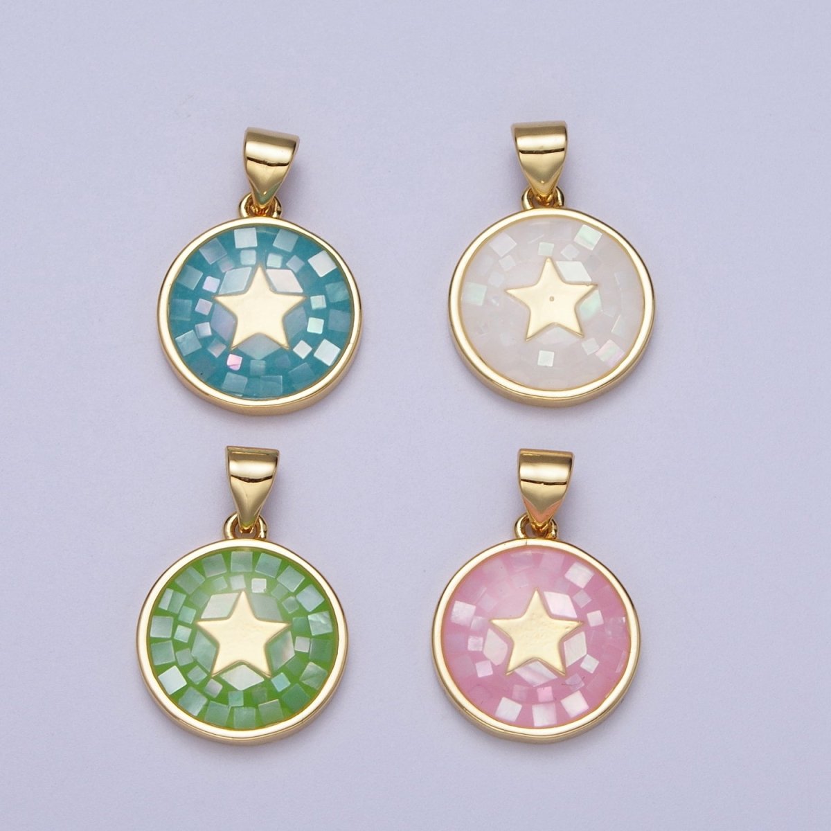 Gold Celestial Star White, Pink, Green, Teal Shell Opal Round Pendant  I-584 I-622 I-647 I-719