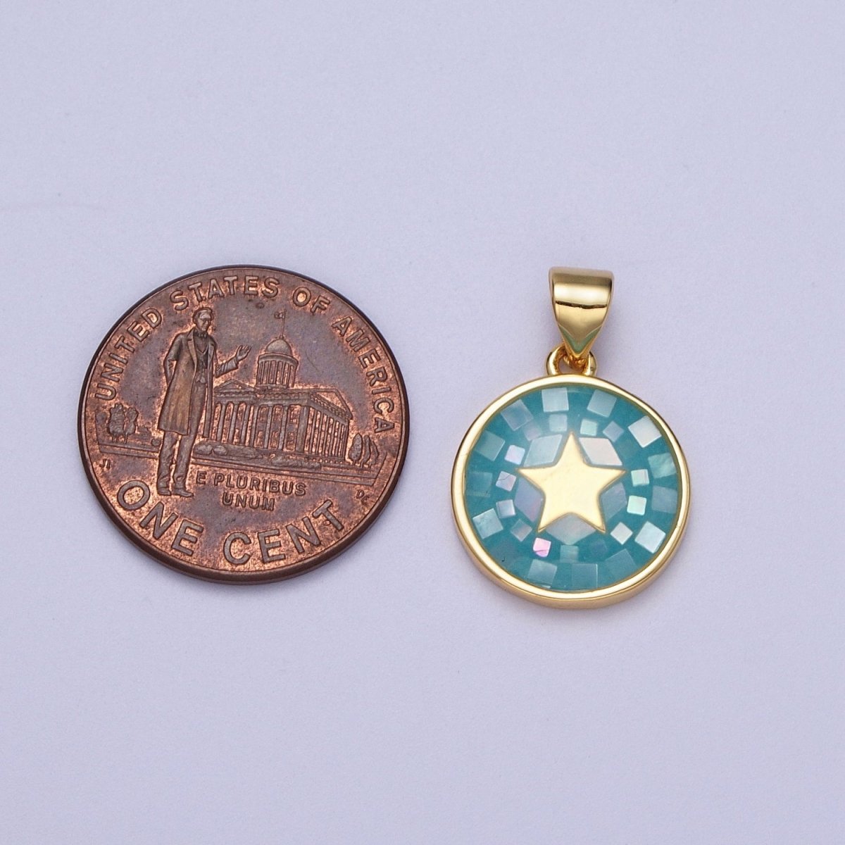 Gold Celestial Star White, Pink, Green, Teal Shell Opal Round Pendant  I-584 I-622 I-647 I-719