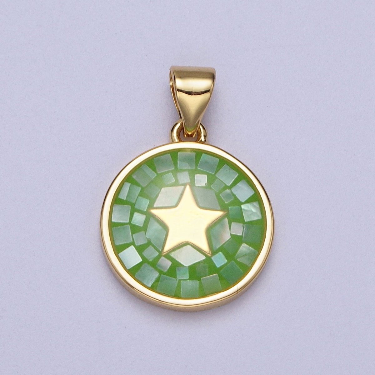 Gold Celestial Star White, Pink, Green, Teal Shell Opal Round Pendant  I-584 I-622 I-647 I-719