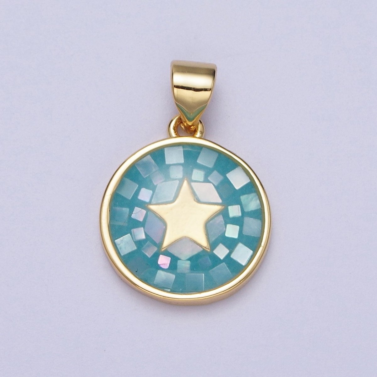 Gold Celestial Star White, Pink, Green, Teal Shell Opal Round Pendant  I-584 I-622 I-647 I-719