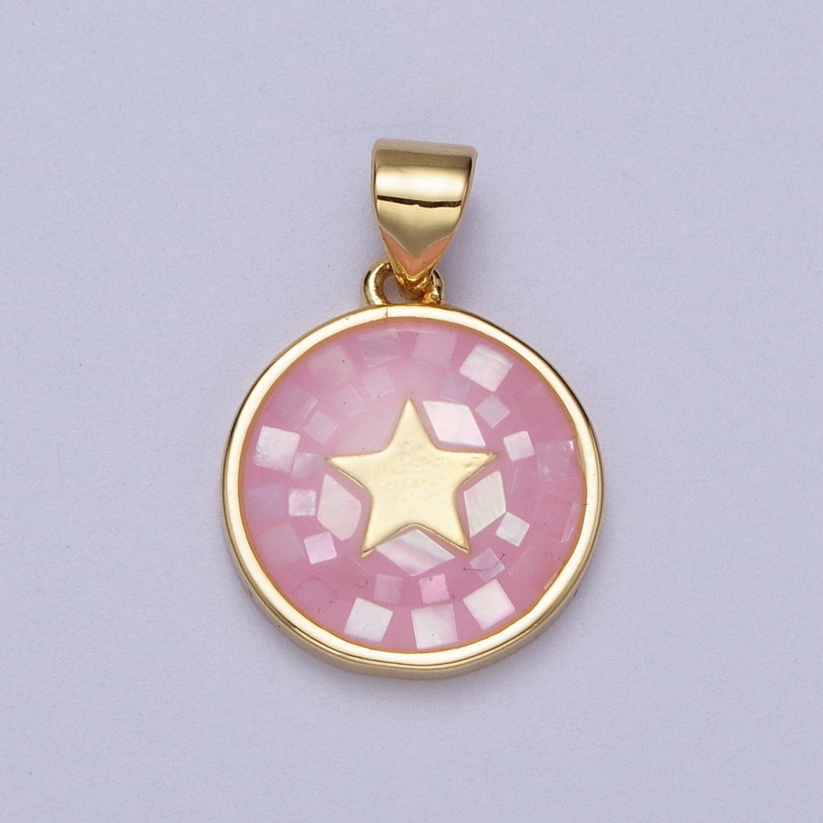 Gold Celestial Star White, Pink, Green, Teal Shell Opal Round Pendant  I-584 I-622 I-647 I-719