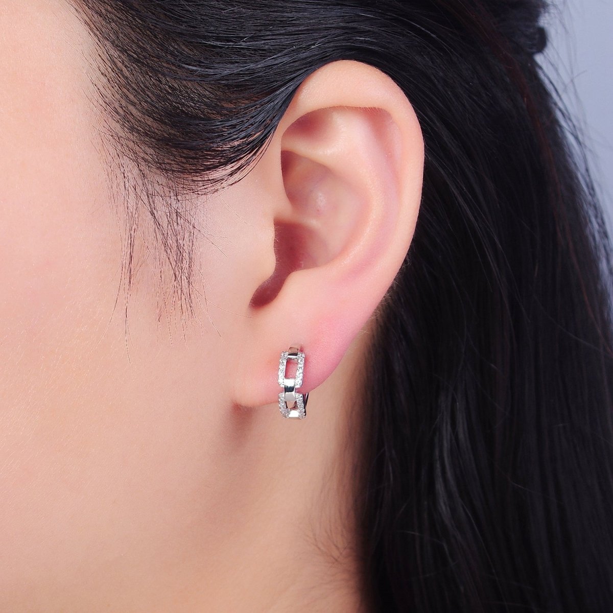 Gold Chain Huggie Hoop Earrings, Gold Chain Link Earrings Pave Chain Shape Hoop Earring T-398 V-130