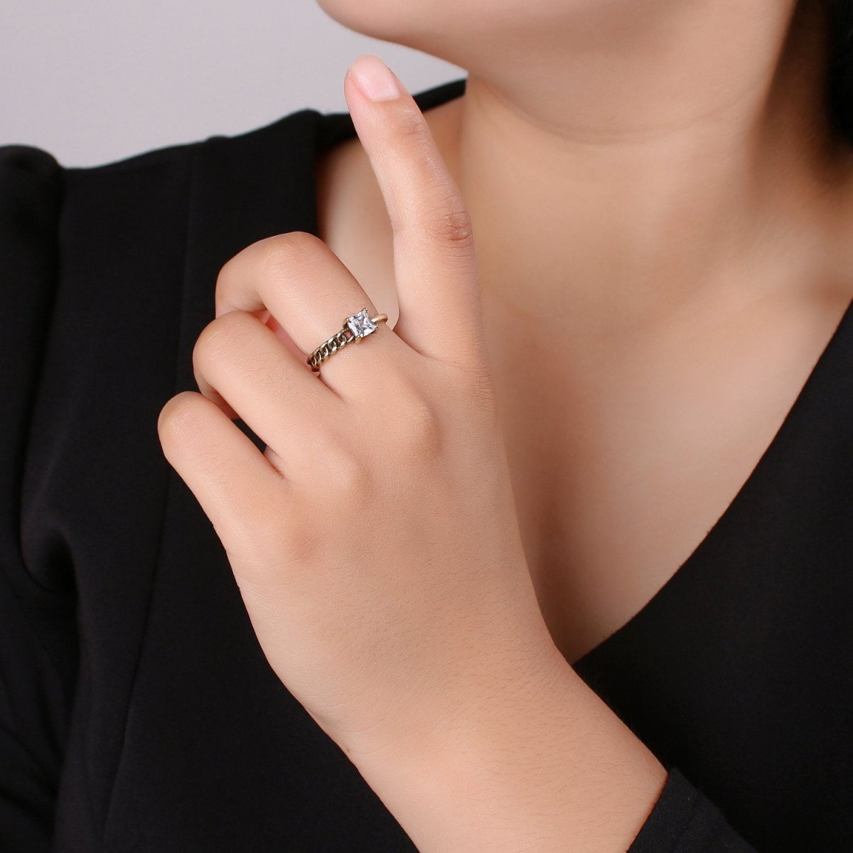 Gold Chain Ring, Statement Ring, Minimalist pLink Chain Ring, Stackable Ring Dainty Ring w/ CZ Stone Antique Gold Ring adjustable  R-023 R-024