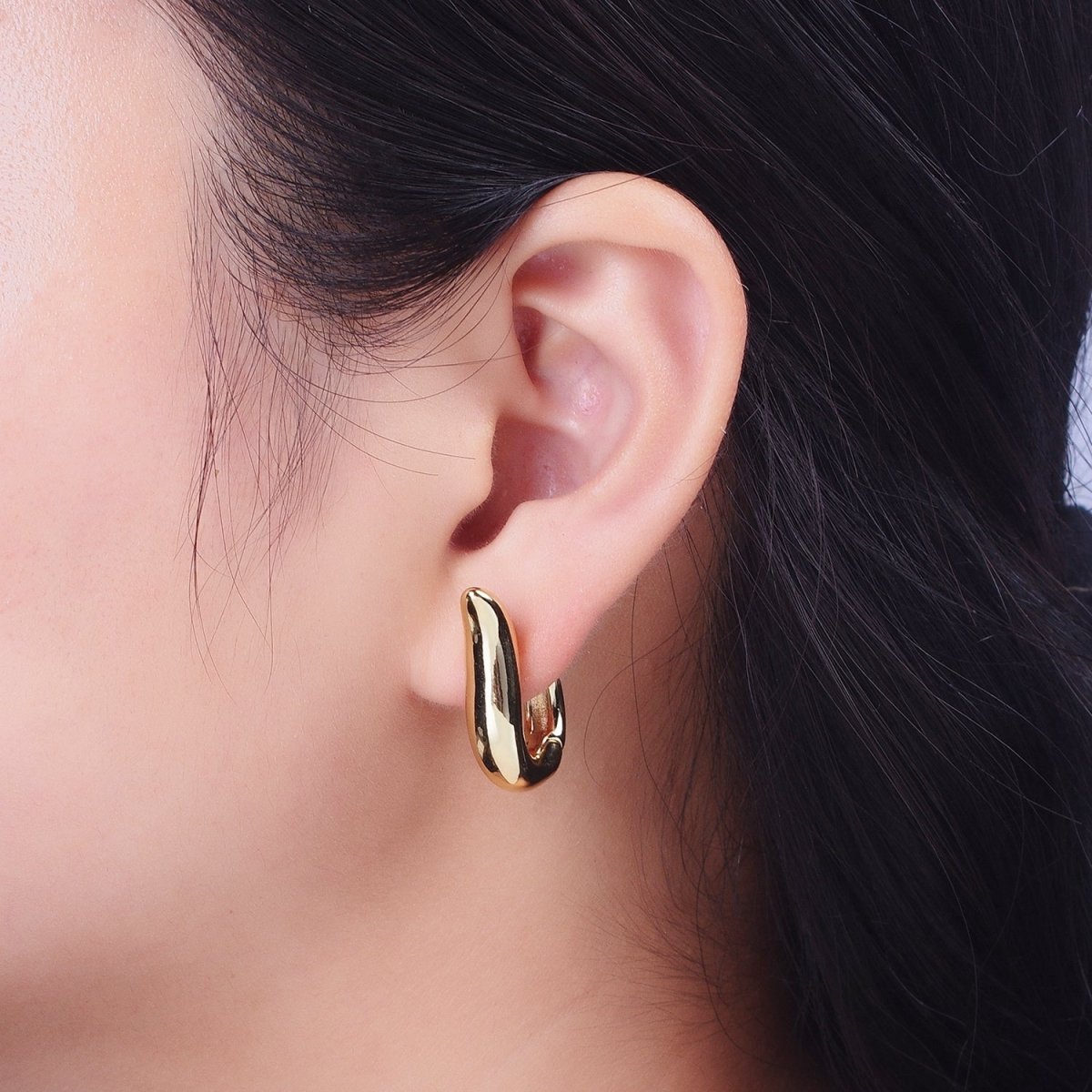 Gold Chunky Geometric Harp Vase 20mm Unique Modern Huggie Hoops Statement Earrings | AE-536 - DLUXCA