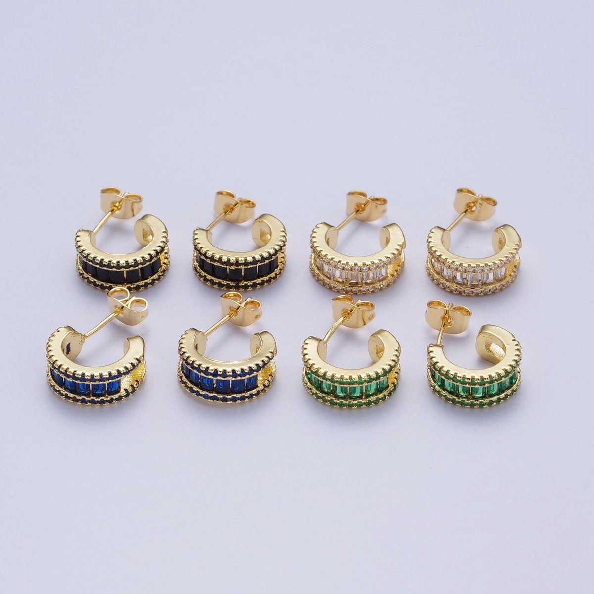 Gold Clear Black Green G042 Baguette Micro Paved Cubic Zirconia Wide C Shaped Hoop Stud Earrings | P-271 P-272 P-273 P-274