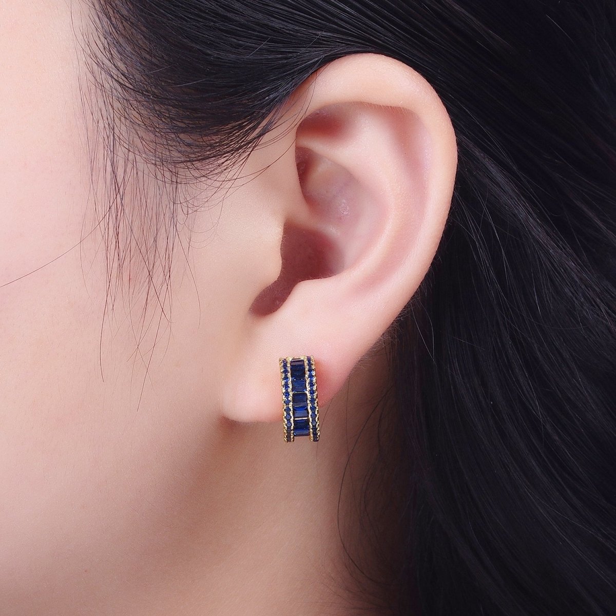 Gold Clear Black Green G042 Baguette Micro Paved Cubic Zirconia Wide C Shaped Hoop Stud Earrings | P-271 P-272 P-273 P-274