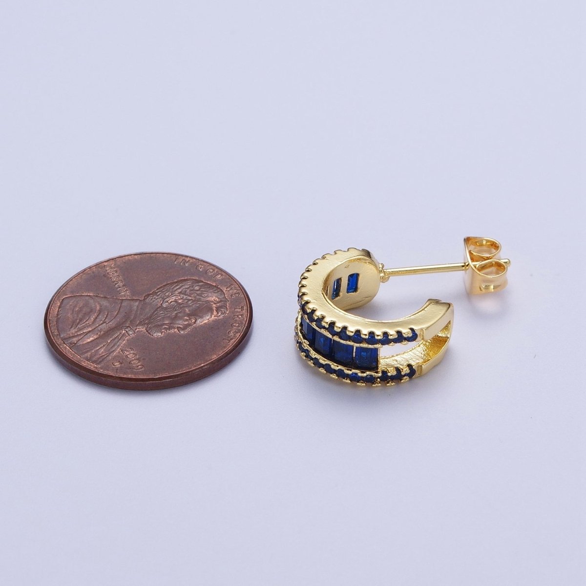 Gold Clear Black Green G042 Baguette Micro Paved Cubic Zirconia Wide C Shaped Hoop Stud Earrings | P-271 P-272 P-273 P-274