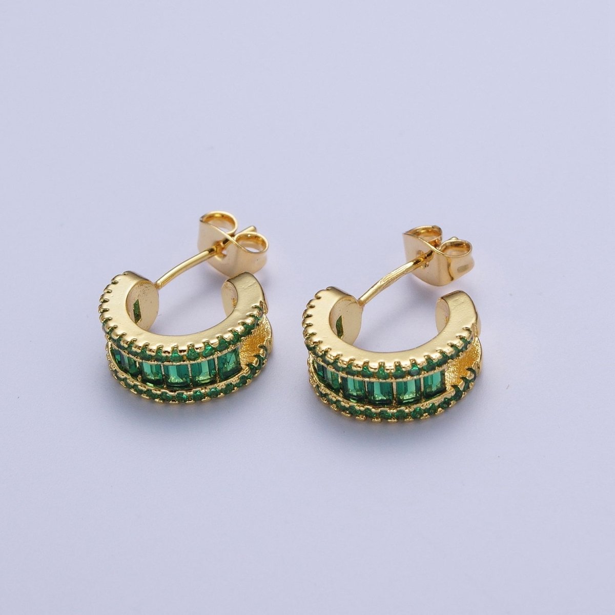 Gold Clear Black Green G042 Baguette Micro Paved Cubic Zirconia Wide C Shaped Hoop Stud Earrings | P-271 P-272 P-273 P-274