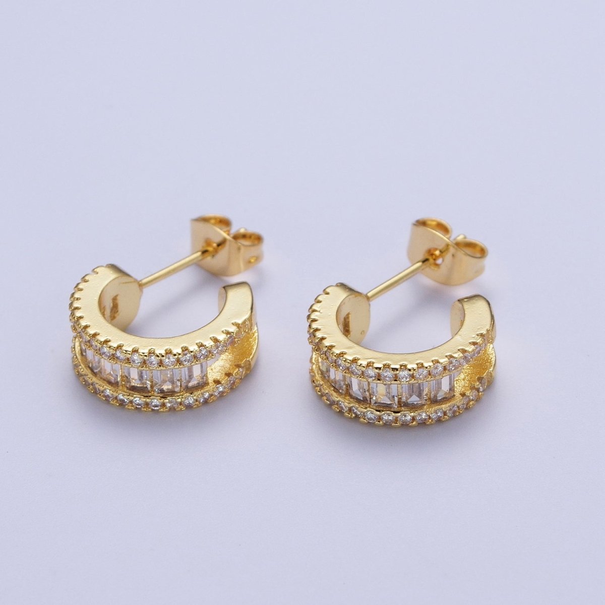 Gold Clear Black Green G042 Baguette Micro Paved Cubic Zirconia Wide C Shaped Hoop Stud Earrings | P-271 P-272 P-273 P-274
