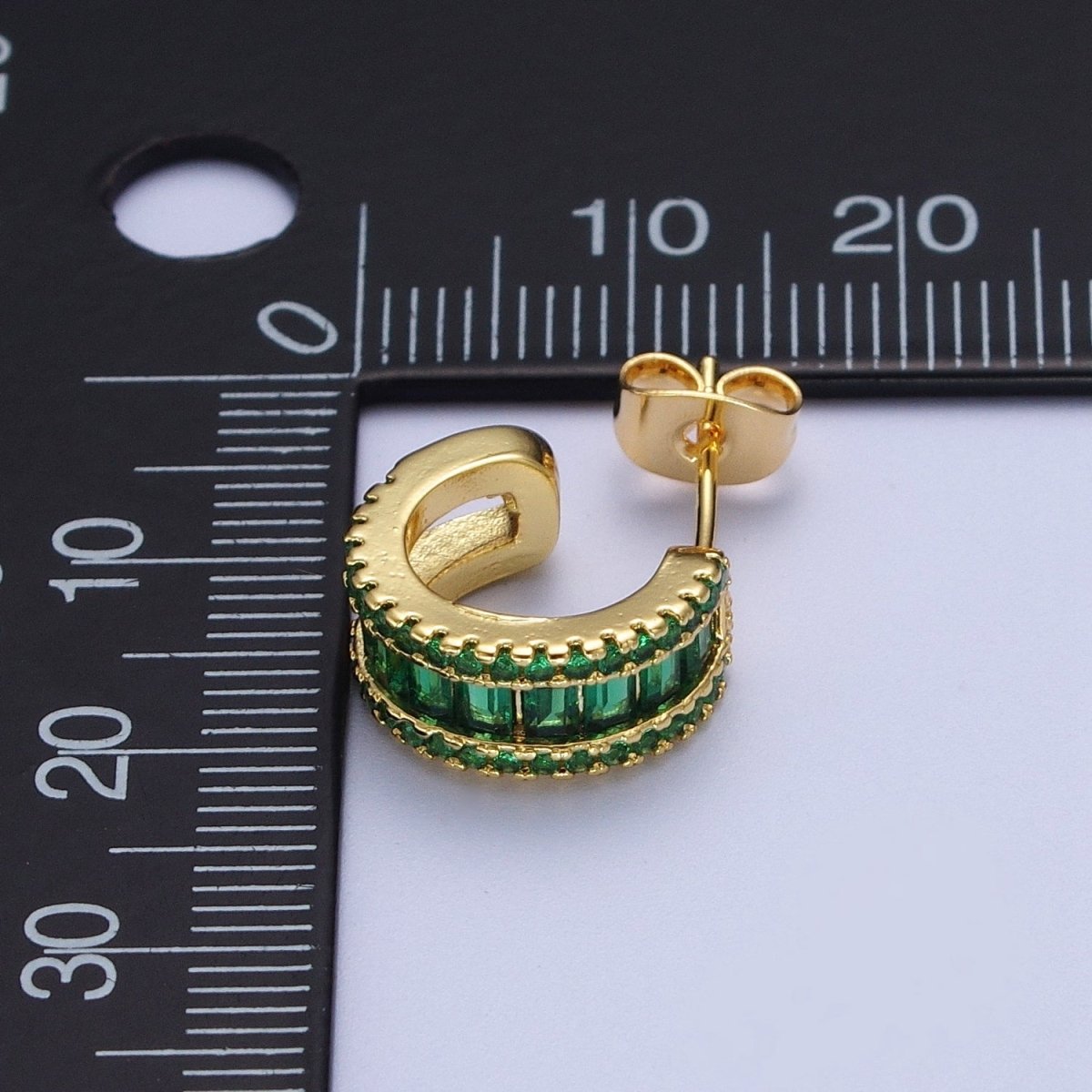 Gold Clear Black Green G042 Baguette Micro Paved Cubic Zirconia Wide C Shaped Hoop Stud Earrings | P-271 P-272 P-273 P-274