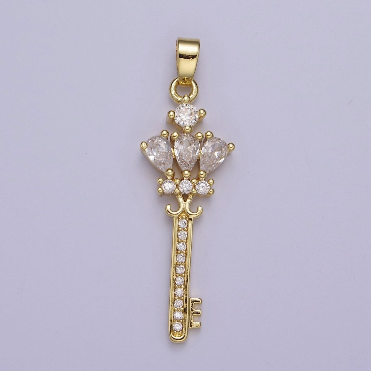 Gold Clear / Purple Crown Key Cubic Zirconia CZ Pendant, Micro Pave Gold Key Charm For Jewelry Necklace Making J-590 J-592