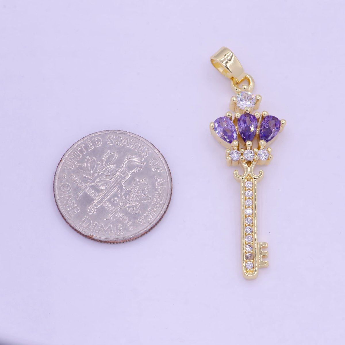 Gold Clear / Purple Crown Key Cubic Zirconia CZ Pendant, Micro Pave Gold Key Charm For Jewelry Necklace Making J-590 J-592