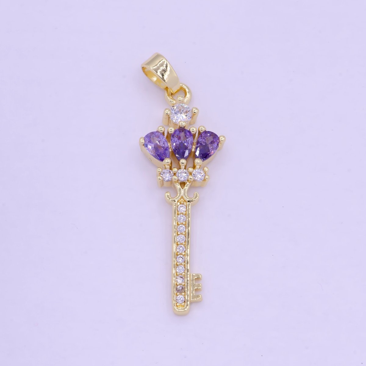 Gold Clear / Purple Crown Key Cubic Zirconia CZ Pendant, Micro Pave Gold Key Charm For Jewelry Necklace Making J-590 J-592
