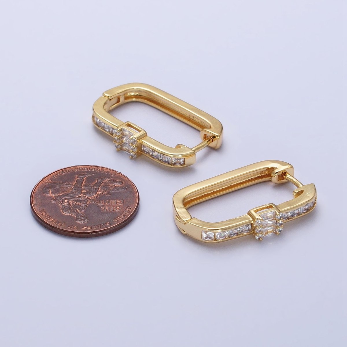 Gold Clear Round Baguette CZ Lined Oblong U-Shaped Hoop Earrings | AB375 - DLUXCA