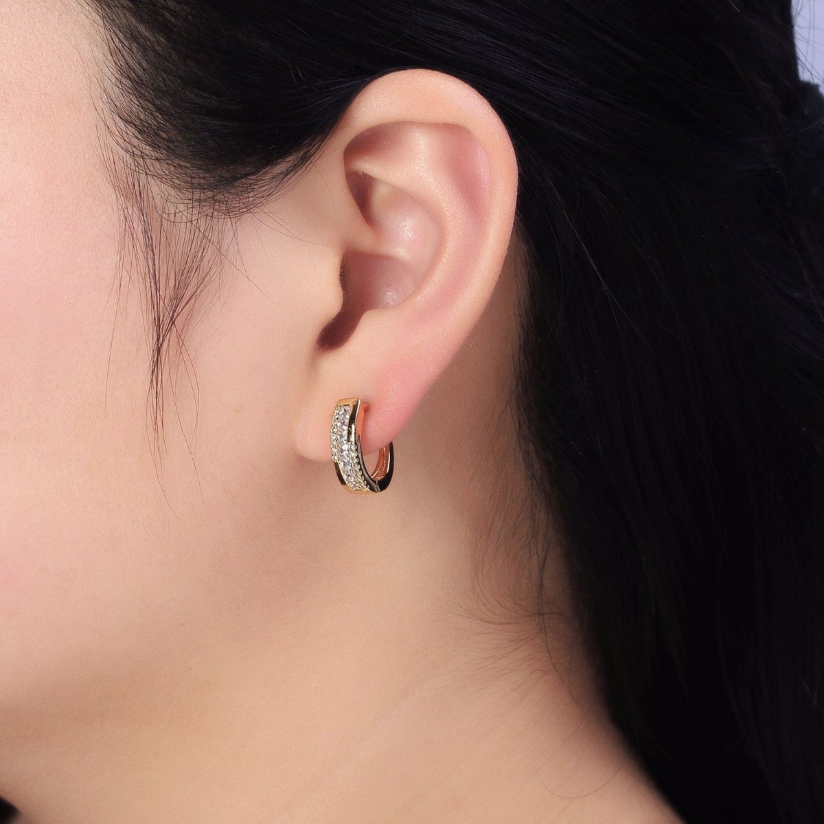 Gold Clear Square Lined Micro Paved CZ English Lock Earrings | AB391 - DLUXCA