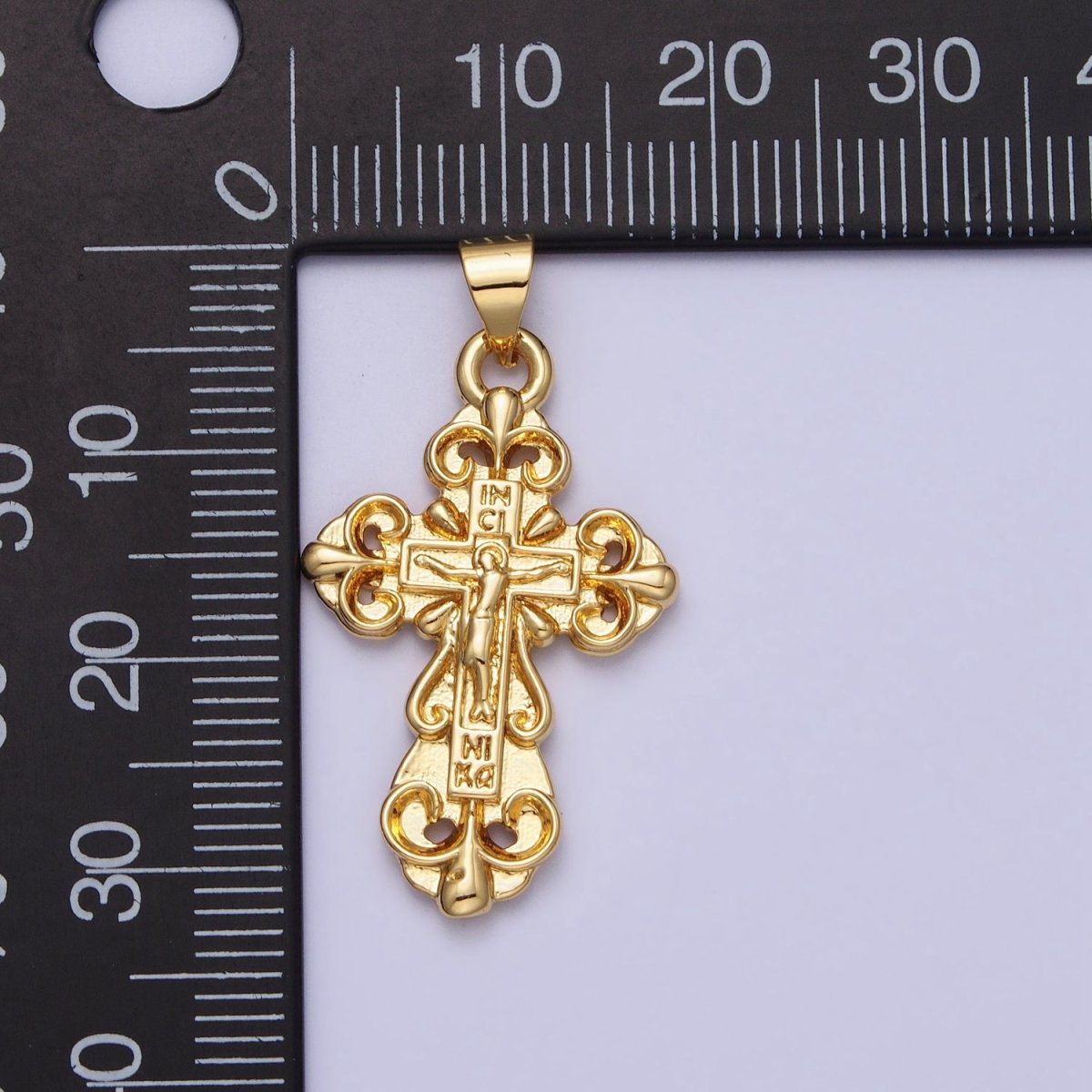 Gold Crucifix Crucified Fleury Cross Religious Engraved Pendant | AA161 - DLUXCA