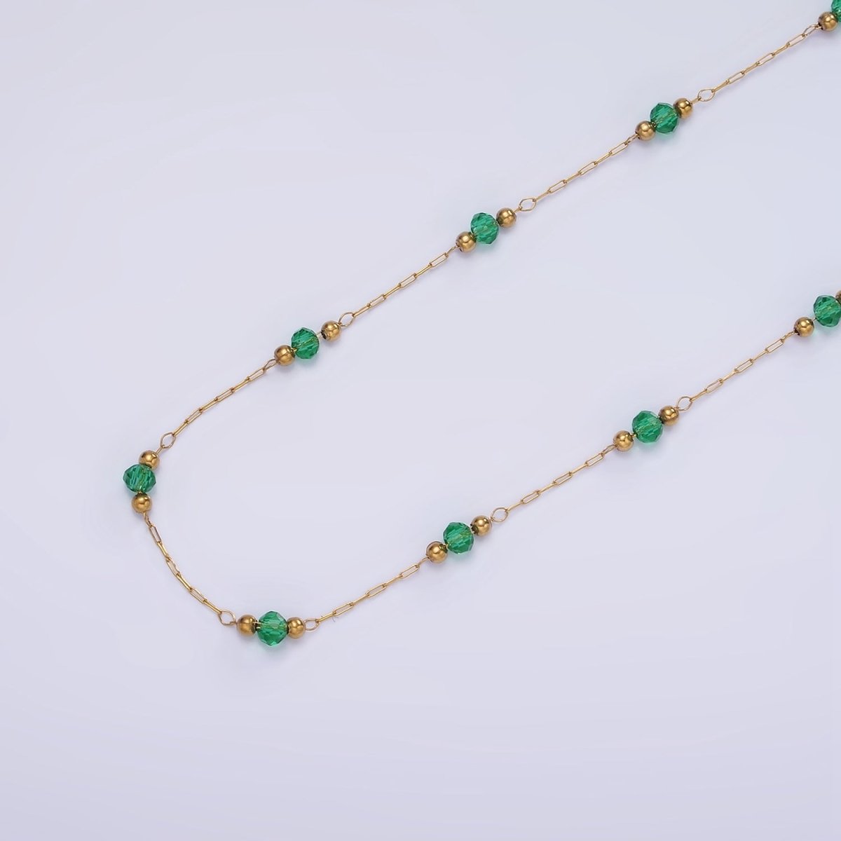 Gold Crystal Beaded Chains Stainless Steel Rosary Cable Chain Glass Rondelles with 3mm GREEN Round Beads | ROLL-1458 to ROLL-1464 and ROLL-1475