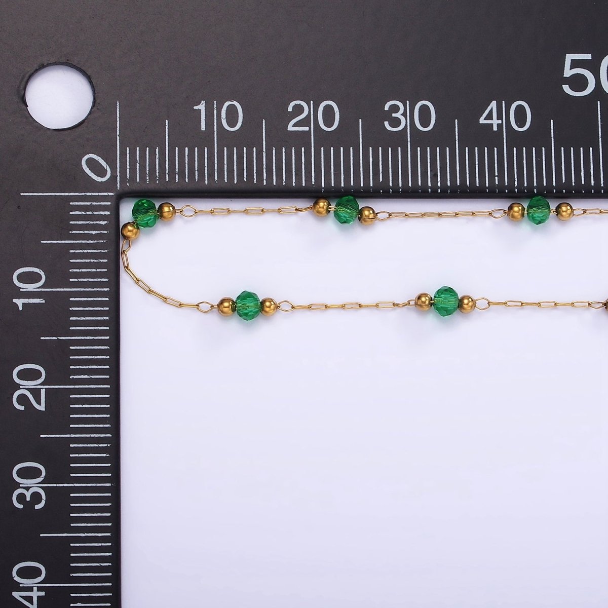 Gold Crystal Beaded Chains Stainless Steel Rosary Cable Chain Glass Rondelles with 3mm GREEN Round Beads | ROLL-1458 to ROLL-1464 and ROLL-1475