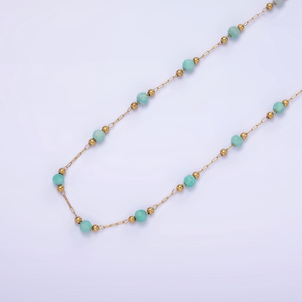 Gold Crystal Beaded Chains Stainless Steel Rosary Cable Chain Glass Rondelles with 3mm GREEN Round Beads | ROLL-1458 to ROLL-1464 and ROLL-1475