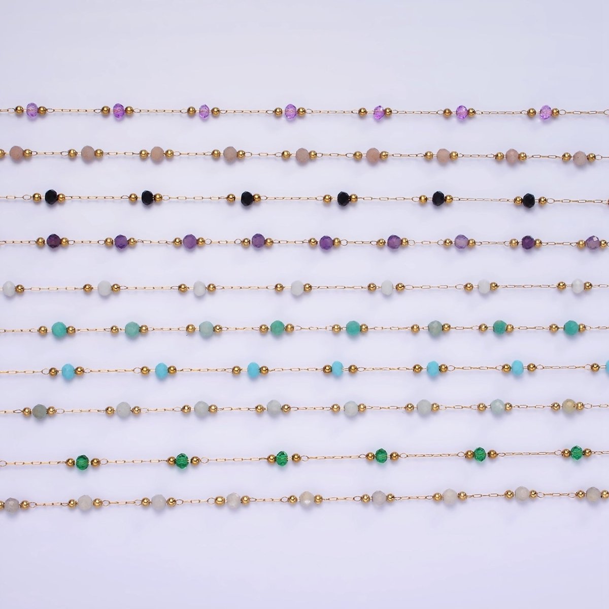 Gold Crystal Beaded Chains Stainless Steel Rosary Cable Chain Glass Rondelles with 3mm GREEN Round Beads | ROLL-1458 to ROLL-1464 and ROLL-1475