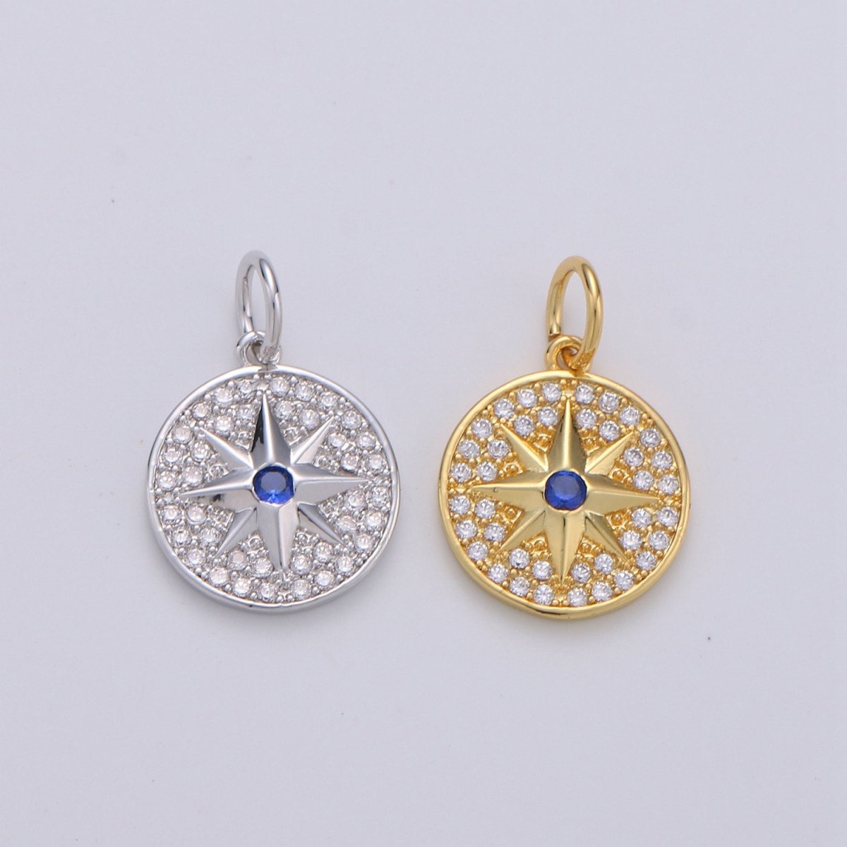 Gold cubic Star charms ,cubic North Star pendants, Coin charm, medallion charm, Celstial star pendants Real Gold Plated / Silver plated D-283 D-284