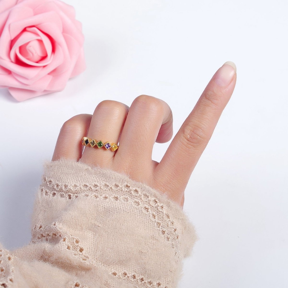 Gold Cuff CZ Ring Open Cuff Ring Tiny Rhombus Diamonds Ring-Adjustable Ring Minimalist Jewelry O-2132 - DLUXCA