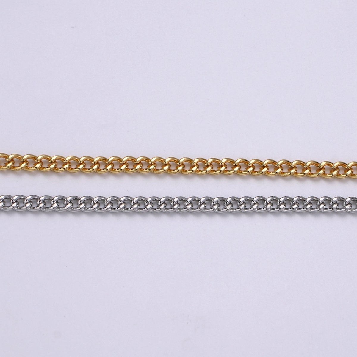 Gold CURB Chain by Yard, Wholesale Bulk Roll Chain For Jewelry Making, Width 2.9mm, 24K Gold Plated, White Gold Plated Matte Unfinished Chain | ROLL-497, ROLL-498 Clearance Pricing