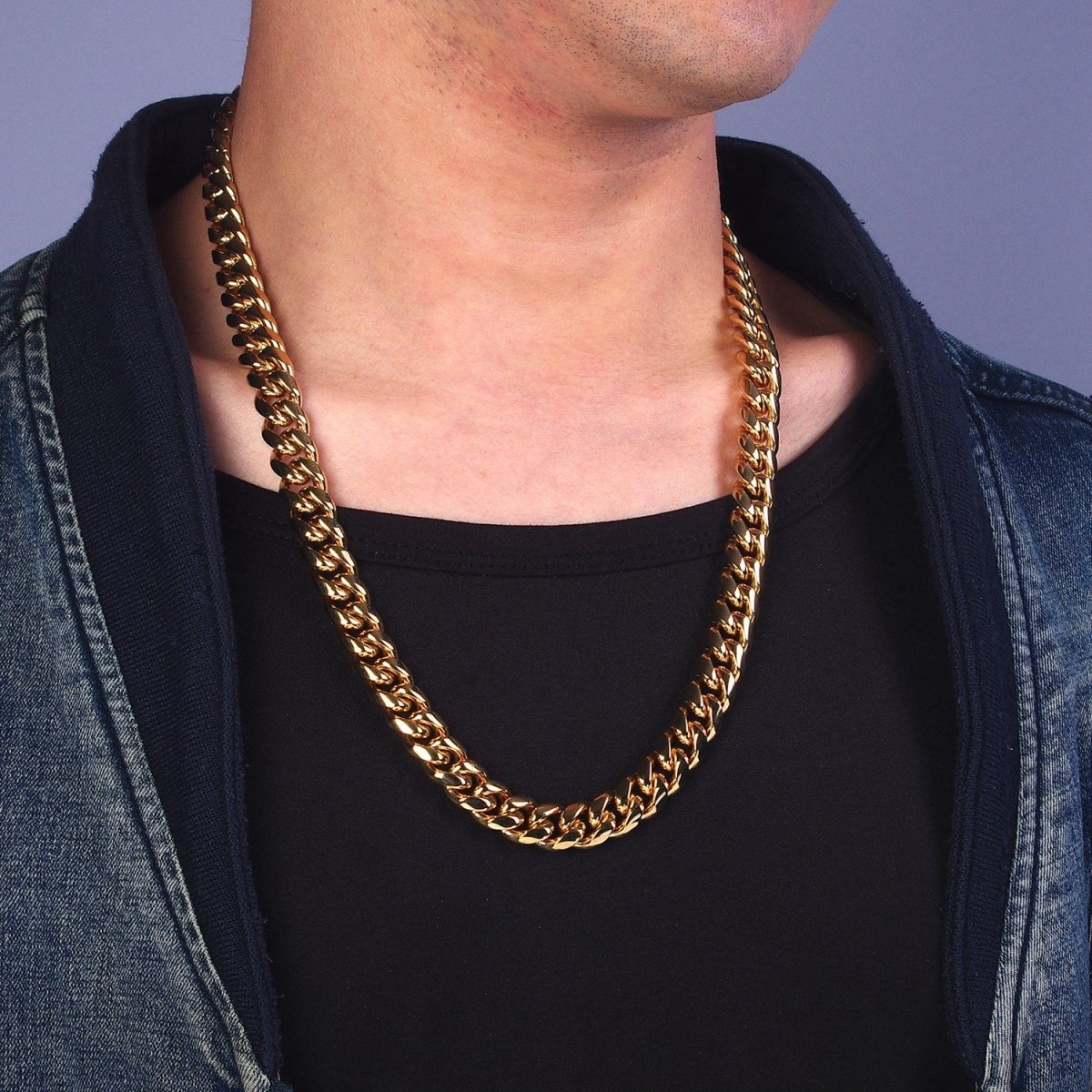 Gold Curb Chain Cuban Necklace for Men - Heavy Stainless Steel 10 12 14 mm Thickness 24.5 inch long WA-1726 WA-1727 WA-1728 Clearance Pricing